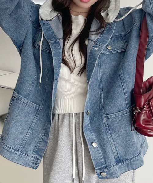 A.D.C.L.（エーディーシーエル）の「フード付き オーバーサイズ ビックシルエット デニムジャケット（Gジャン）（デニムジャケット・レディース・ブルー/ネイビー・M/L）」の13枚目の写真