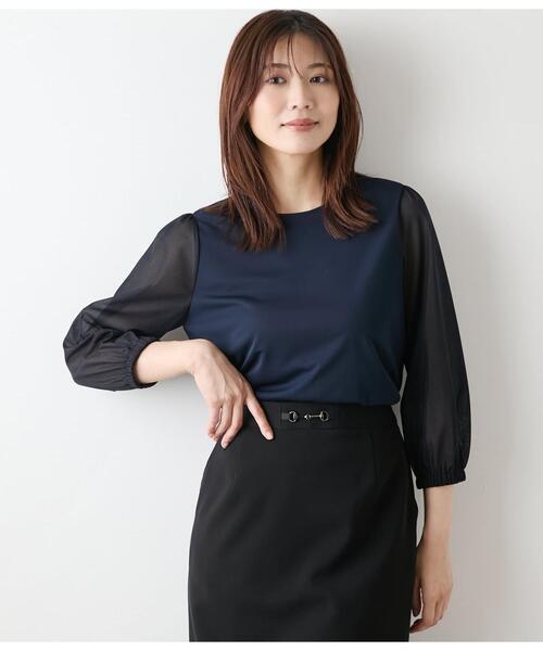 NEWYORKER(ニューヨーカー)の「ポリエステル強撚スムース×トリコットオーガンジー 8分袖Tプルオーバー(Tシャツ/カットソー・レディース・ネイビー/カーキ・M/L)」の1枚目の写真