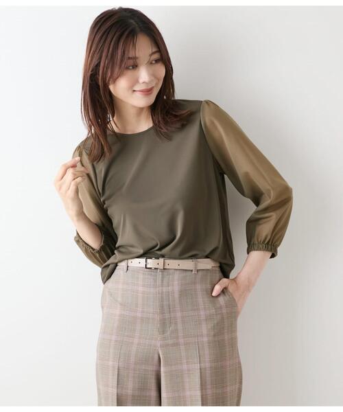 NEWYORKER(ニューヨーカー)の「ポリエステル強撚スムース×トリコットオーガンジー 8分袖Tプルオーバー(Tシャツ/カットソー・レディース・ネイビー/カーキ・M/L)」の2枚目の写真