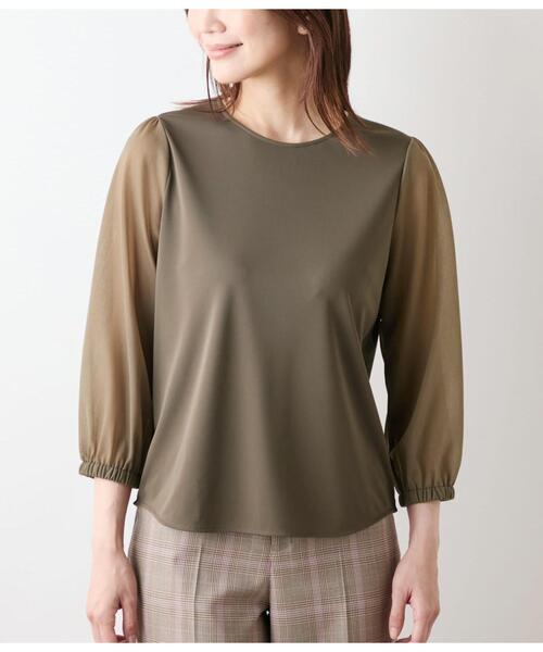 NEWYORKER(ニューヨーカー)の「ポリエステル強撚スムース×トリコットオーガンジー 8分袖Tプルオーバー(Tシャツ/カットソー・レディース・ネイビー/カーキ・M/L)」の3枚目の写真