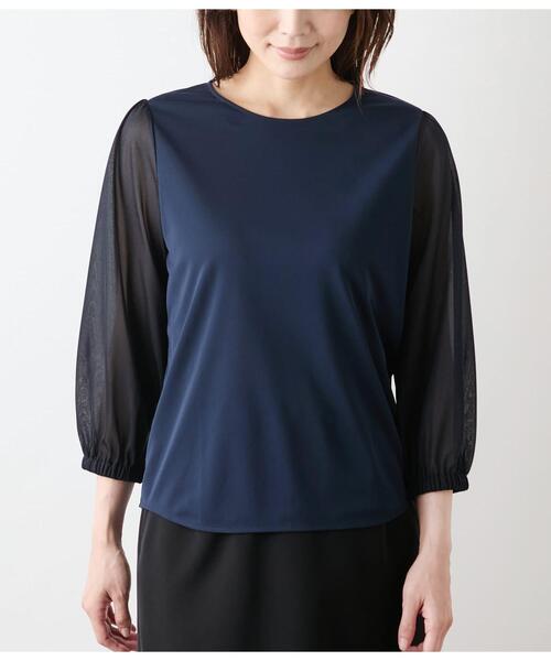 NEWYORKER(ニューヨーカー)の「ポリエステル強撚スムース×トリコットオーガンジー 8分袖Tプルオーバー(Tシャツ/カットソー・レディース・ネイビー/カーキ・M/L)」の9枚目の写真