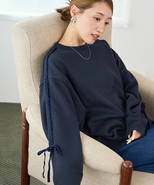 FREAK'S STORE（フリークスストア）の「限定展開　ベロア リボン ライン 裏起毛 スウェット プルオーバー（スウェット・レディース・スミクロ/ネイビー/ライトグレー/ブラウン・ﾌﾘ-）」の22枚目の写真
