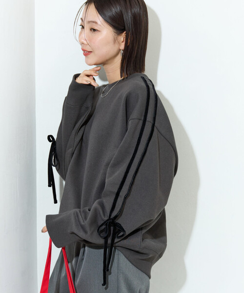 限定展開 ベロア リボン ライン 裏起毛 スウェット プルオーバー