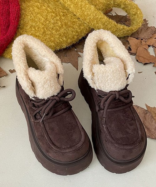 Nia(ニア)の「Nia(ニア)/バイカラー 厚底ショートボアブーツ(ブーツ・レディース・ベージュ/ブラウン・38/40/36)」の6枚目の写真