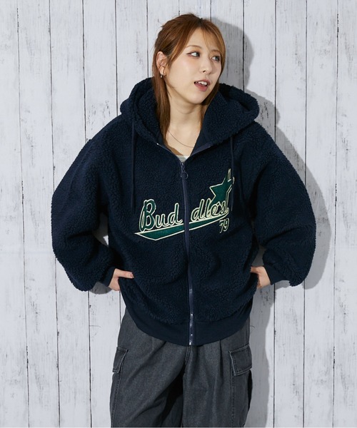 セール】《カレッジロゴ×ボア》レディース ジップパーカー ビッグ