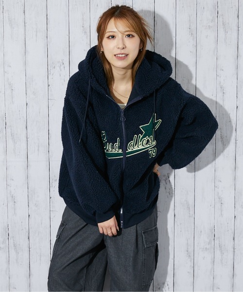 セール】《カレッジロゴ×ボア》レディース ジップパーカー ビッグ