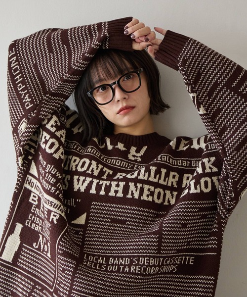 PBLIM（ページボーイリム）の「《UNISEX》ニュースペーパーニット（ニット/セーター・レディース・ブラウン/ネイビー/アイボリー・FREE）」の3枚目の写真