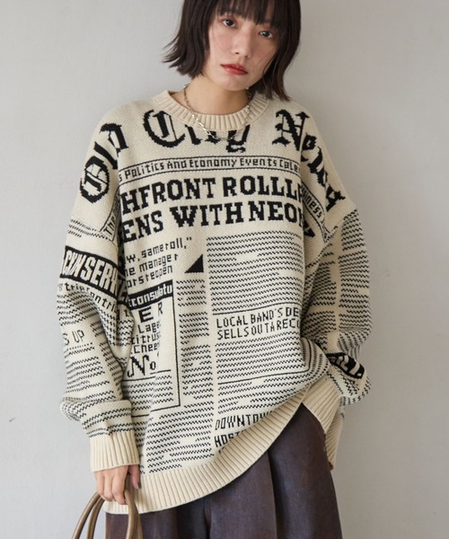 PBLIM（ページボーイリム）の「《UNISEX》ニュースペーパーニット（ニット/セーター・レディース・ブラウン/ネイビー/アイボリー・FREE）」の4枚目の写真