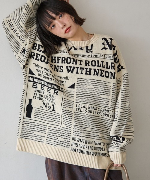 PBLIM（ページボーイリム）の「《UNISEX》ニュースペーパーニット（ニット/セーター・レディース・ブラウン/ネイビー/アイボリー・FREE）」の6枚目の写真