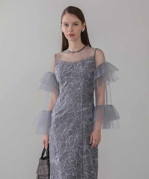 セール】【LEJA】フリルチュールスリーブレースIラインワンピース