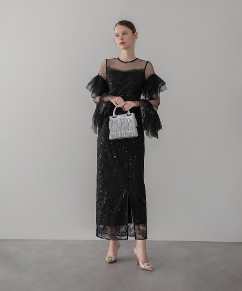 セール】【LEJA】フリルチュールスリーブレースIラインワンピース