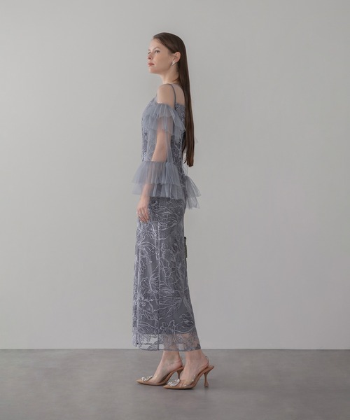 セール】【LEJA】フリルチュールスリーブレースIラインワンピース