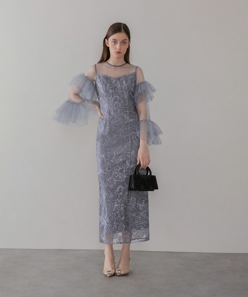 セール】【LEJA】フリルチュールスリーブレースIラインワンピース