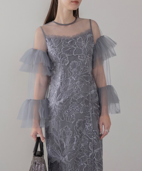 セール】【LEJA】フリルチュールスリーブレースIラインワンピース