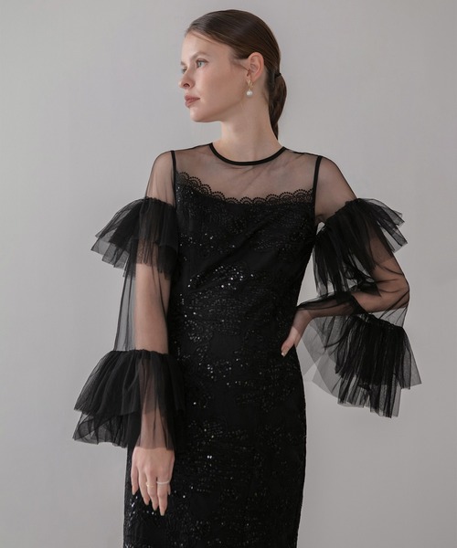 セール】【LEJA】フリルチュールスリーブレースIラインワンピース