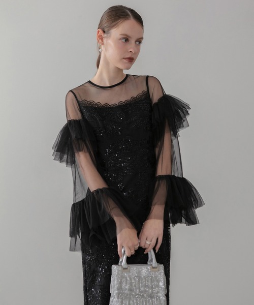 セール】【LEJA】フリルチュールスリーブレースIラインワンピース