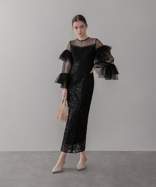 セール】【LEJA】フリルチュールスリーブレースIラインワンピース