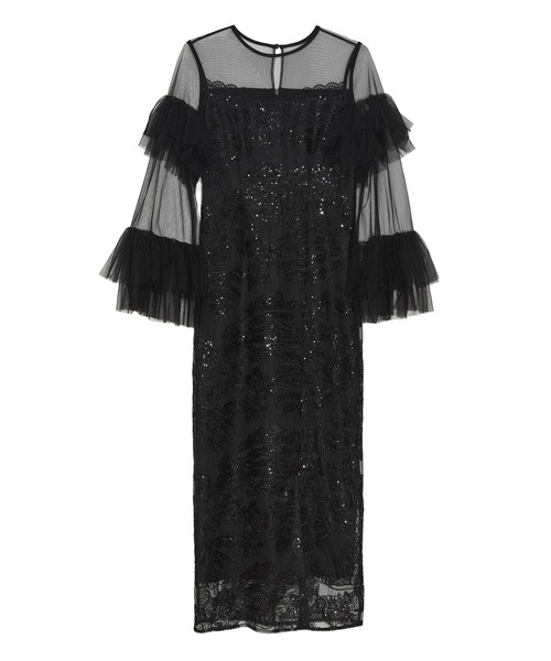 セール】【LEJA】フリルチュールスリーブレースIラインワンピース