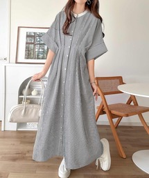 classicalelf（クラシカルエルフ）の「一枚でスタイル上向き、涼感映えサッカー素材。バンドカラーウエストタックサッカーワンピース（ワンピース）」