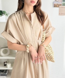 classicalelf（クラシカルエルフ）の「一枚でスタイル上向き、涼感映えサッカー素材。バンドカラーウエストタックサッカーワンピース（ワンピース）」