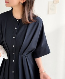 classicalelf（クラシカルエルフ）の「一枚でスタイル上向き、涼感映えサッカー素材。バンドカラーウエストタックサッカーワンピース（ワンピース）」