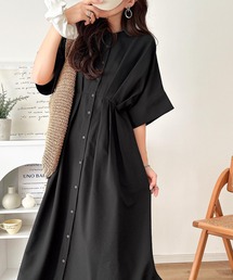 classicalelf（クラシカルエルフ）の「一枚でスタイル上向き、涼感映えサッカー素材。バンドカラーウエストタックサッカーワンピース（ワンピース）」