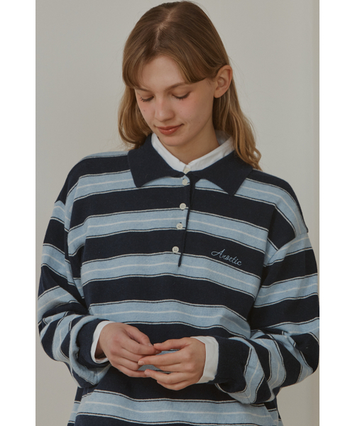 ANOETIC(アノエティック)の「ANC STRIPE COLLAR KNIT_NAVY(ニット/セーター・レディース・ネイビー・FREE)」の1枚目の写真