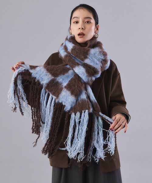 チェック柄ボリュームフリンジマフラー（マフラー）｜Muscat