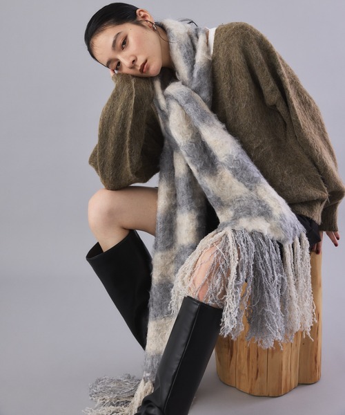 チェック柄ボリュームフリンジマフラー（マフラー）｜Muscat