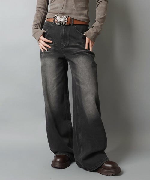 デニムワイドパンツ/ヒゲ加工/2サイズ展開（デニムパンツ）｜SPINNS