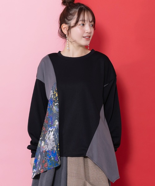 iS ScoLar（イズスカラー）の「553265：花蝶柄×無地リメイク風 異素材切替プルオーバー（Tシャツ/カットソー・レディース・ネイビー/ブラック/カーキ・M）」の5枚目の写真