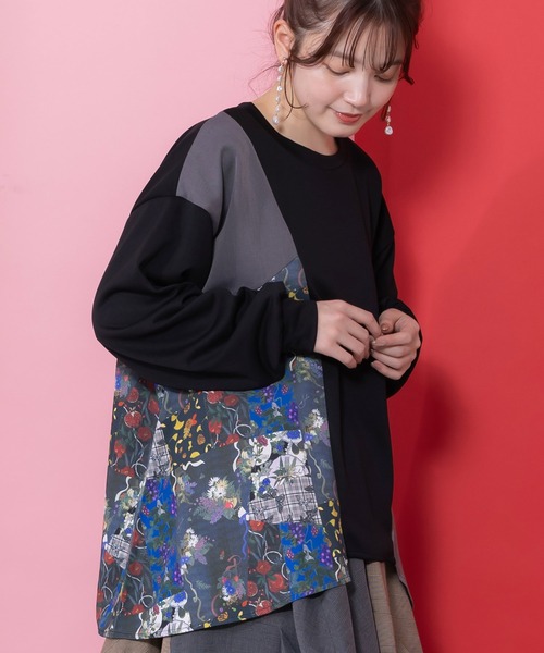 iS ScoLar（イズスカラー）の「553265：花蝶柄×無地リメイク風 異素材切替プルオーバー（Tシャツ/カットソー・レディース・ネイビー/ブラック/カーキ・M）」の7枚目の写真