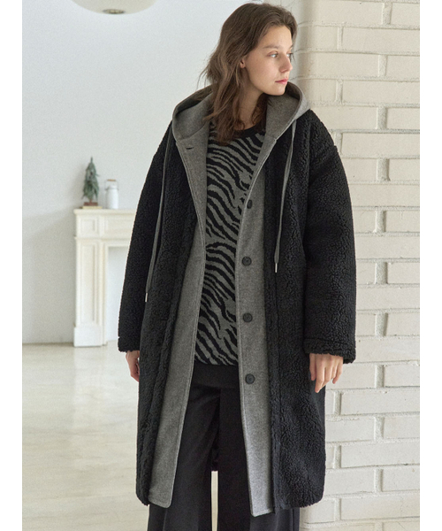 Buckle Padding Hood Long Jumper - BLACK