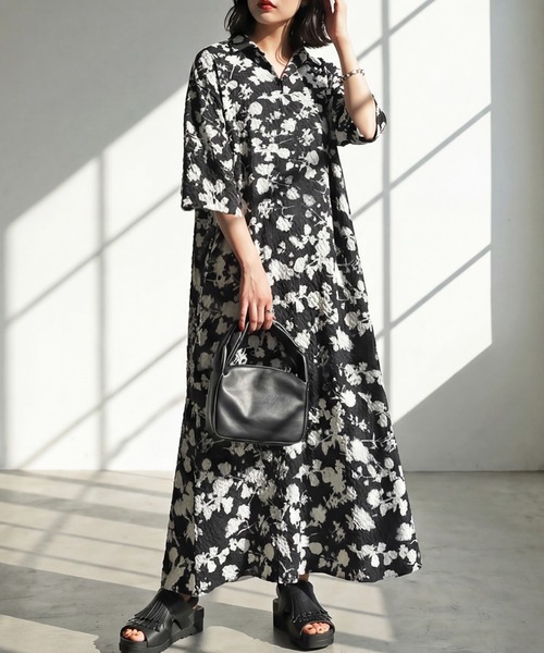 antiqua(アンティカ)の「半袖 花柄 ロング シャツワンピース(シャツワンピース・レディース・ブラック・ONESIZE)」の1枚目の写真