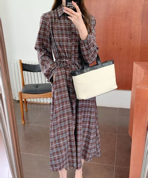 セール】チェック柄ウエストリボンシャツ衿ワンピース（ワンピース