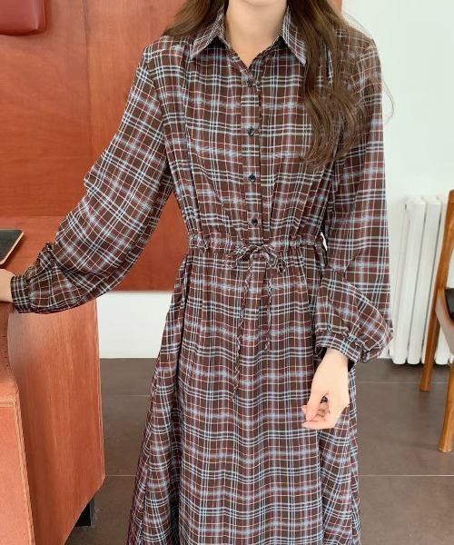 セール】チェック柄ウエストリボンシャツ衿ワンピース（ワンピース