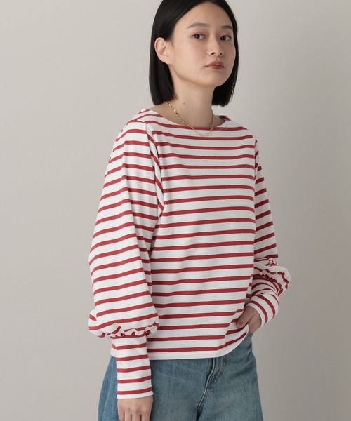 A part by（アパートバイ）の「ボーダーパフスリーブ_長袖（Tシャツ/カットソー・レディース・レッド/ブラック・FREE）」の2枚目の写真