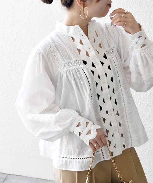 SHIPS any:〈洗濯機可能〉キャンブリック スタンドカラー レース