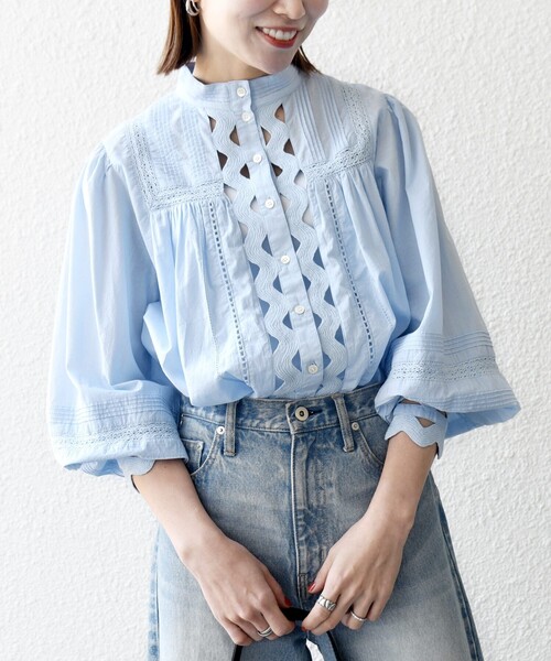 SHIPS any:〈洗濯機可能〉キャンブリック スタンドカラー レース