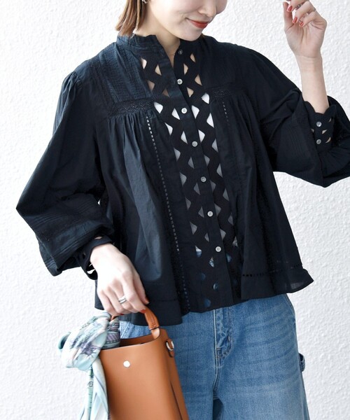 SHIPS any:〈洗濯機可能〉キャンブリック スタンドカラー レース