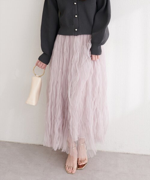 natural couture（ナチュラルクチュール）の「チュールクリンクルスカート（スカート・レディース・ピンクベージュ/オフホワイト/チャコールグレー・FREE）」の3枚目の写真