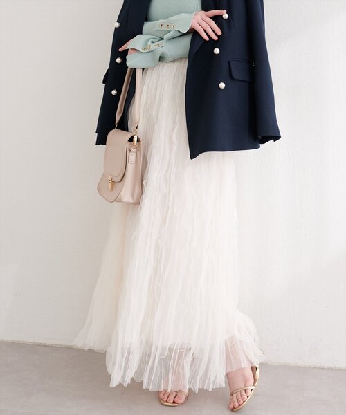 natural couture（ナチュラルクチュール）の「チュールクリンクルスカート（スカート・レディース・ピンクベージュ/オフホワイト/チャコールグレー・FREE）」の2枚目の写真