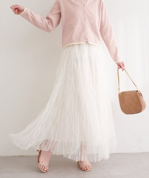 natural couture（ナチュラルクチュール）の「チュールクリンクルスカート（スカート・レディース・ピンクベージュ/オフホワイト/チャコールグレー・FREE）」の4枚目の写真