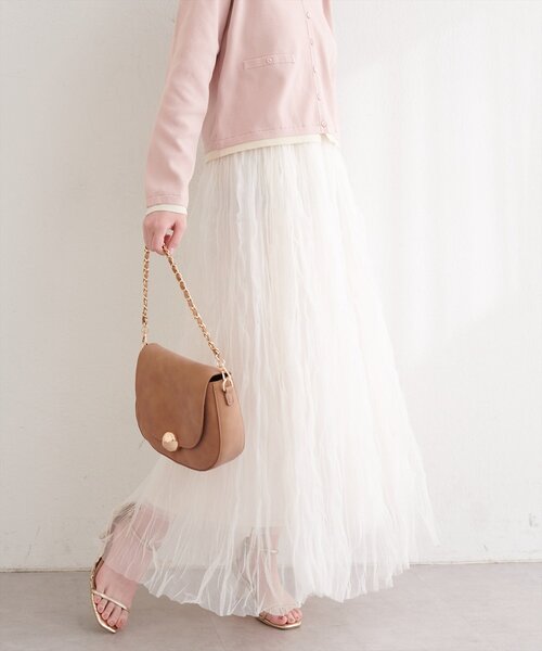 natural couture（ナチュラルクチュール）の「チュールクリンクルスカート（スカート・レディース・ピンクベージュ/オフホワイト/チャコールグレー・FREE）」の5枚目の写真