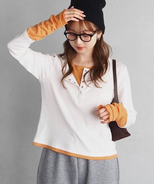 tiptop（ティップトップ）の「【web限定アイテム】配色シアー×ヘンリーネックレイヤードロンT（Tシャツ/カットソー・レディース・チャコールグレー/オフホワイト/ブラック・FREE）」の18枚目の写真