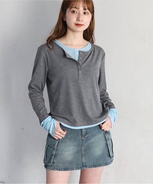 tiptop（ティップトップ）の「【web限定アイテム】配色シアー×ヘンリーネックレイヤードロンT（Tシャツ/カットソー・レディース・チャコールグレー/オフホワイト/ブラック・FREE）」の4枚目の写真