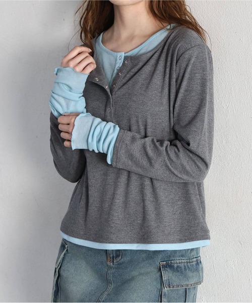 tiptop（ティップトップ）の「【web限定アイテム】配色シアー×ヘンリーネックレイヤードロンT（Tシャツ/カットソー・レディース・チャコールグレー/オフホワイト/ブラック・FREE）」の5枚目の写真