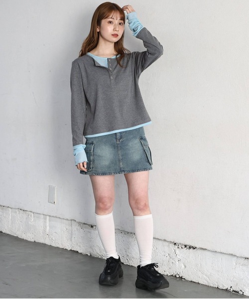 tiptop（ティップトップ）の「【web限定アイテム】配色シアー×ヘンリーネックレイヤードロンT（Tシャツ/カットソー・レディース・チャコールグレー/オフホワイト/ブラック・FREE）」の7枚目の写真