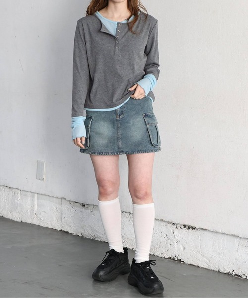 tiptop（ティップトップ）の「【web限定アイテム】配色シアー×ヘンリーネックレイヤードロンT（Tシャツ/カットソー・レディース・チャコールグレー/オフホワイト/ブラック・FREE）」の9枚目の写真