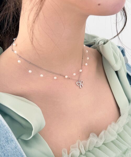 MAJESTIC LEGON(マジェスティックレゴン)の「パール×リボンモチーフ2連ネックレス(ネックレス・レディース・シルバー/ゴールド・FREE)」の1枚目の写真